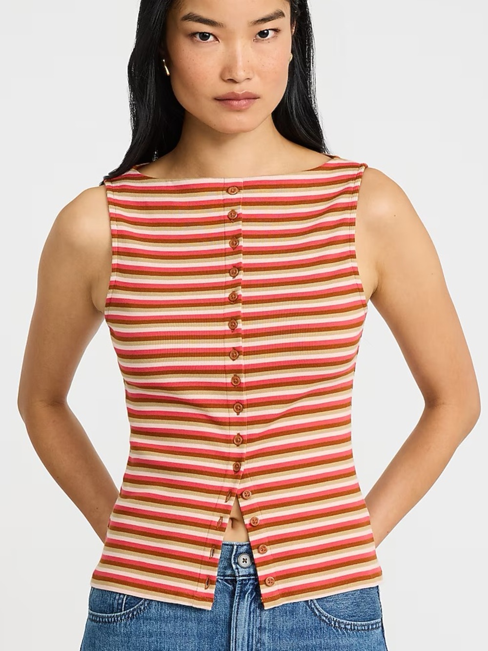 Express Striped Ribbed Boat Neck Button Front Knit Tank
